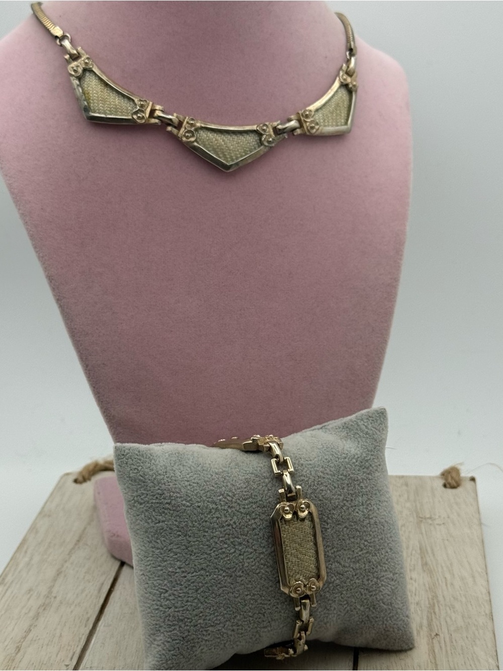 Vintage Barclay Gold-Tone Geometric Panel Necklace and Bracelet Set